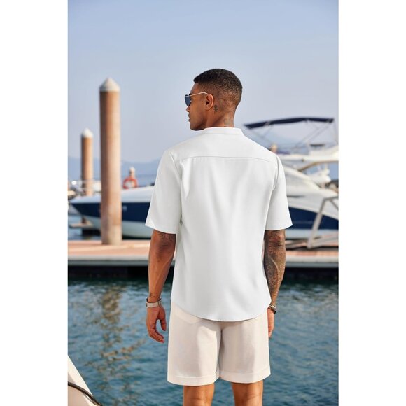 Men's Casual Henley Short Sleeve Band Collar Linen Summer Beach Hippie T-Shirts - Picture 3 of 7